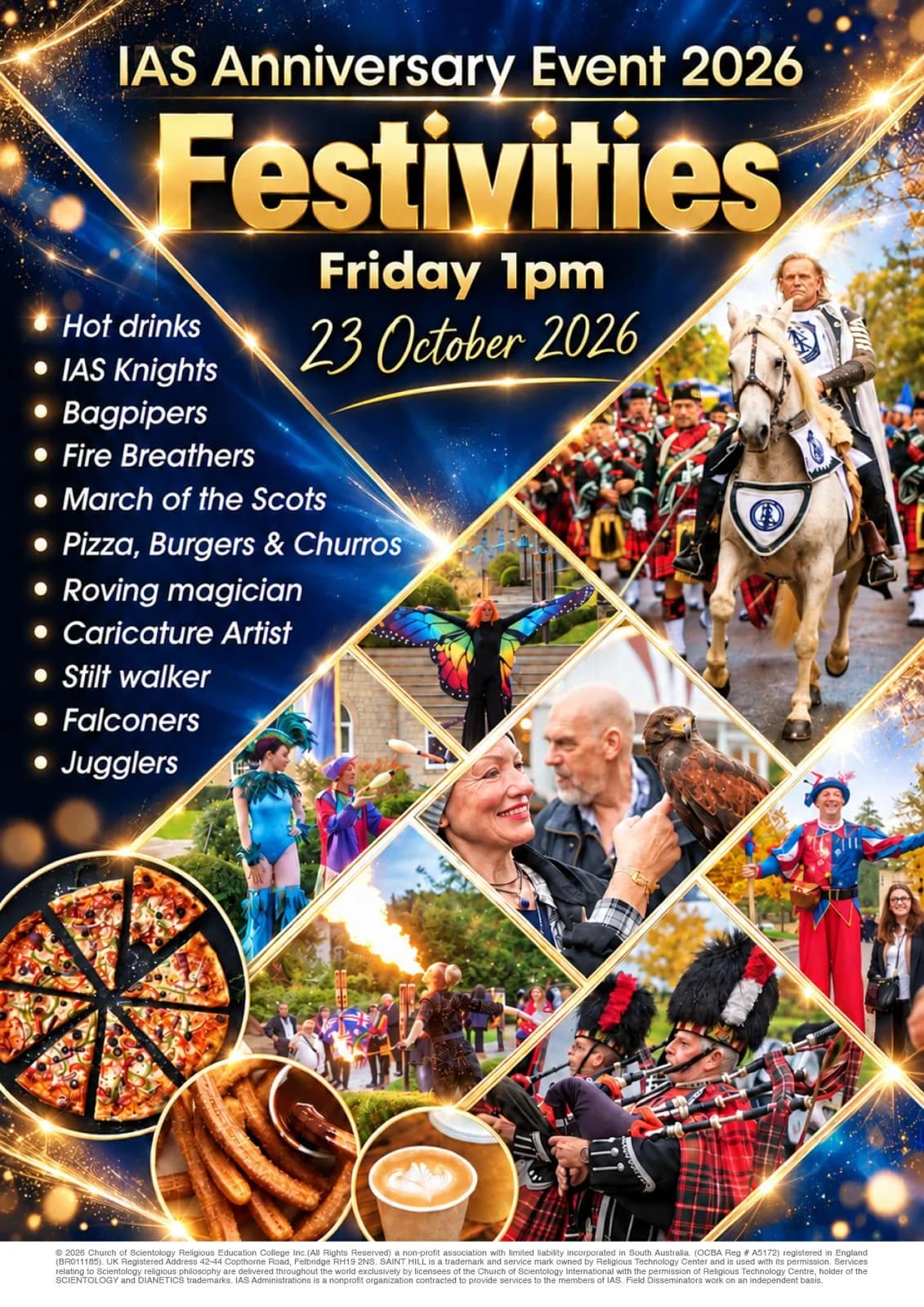 IAS Anniversary Event 2026 Festivities poster: Friday 23 October at 13:00 UK time, with knights, bagpipers, falconry, performers and food.